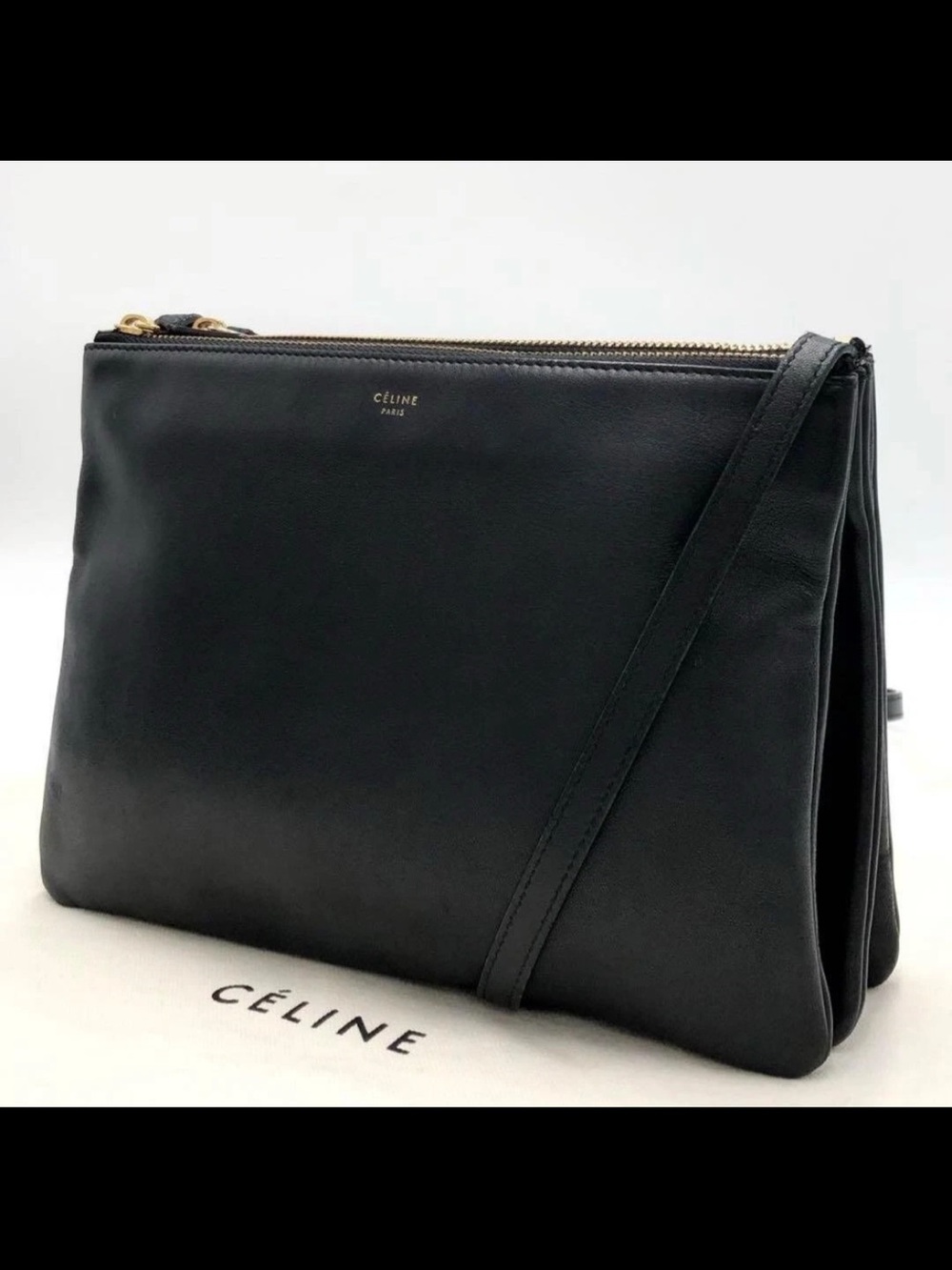 Celine Black Leather Crossbody with Gold Logo Stamping
